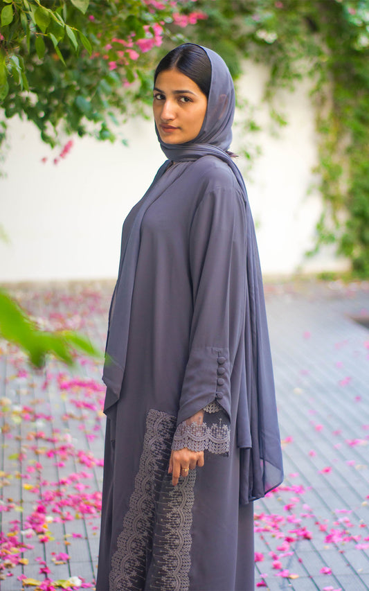 Georgette Abaya with Lace & Organza Detailing