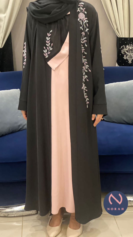 Laser Nada Fabric Abaya with Attached Gown & Hand Embellishment
