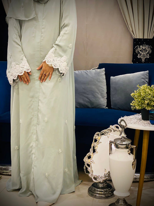 Mint Green Laser Naada Abaya with Pearl Embellishments
